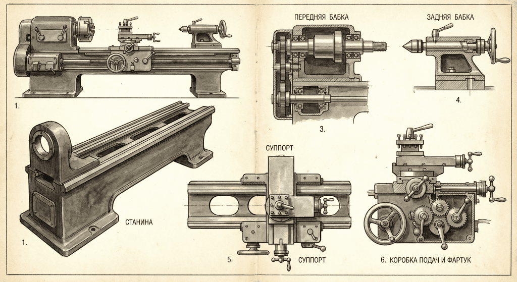 Основные узлы токарно-винторезного станка