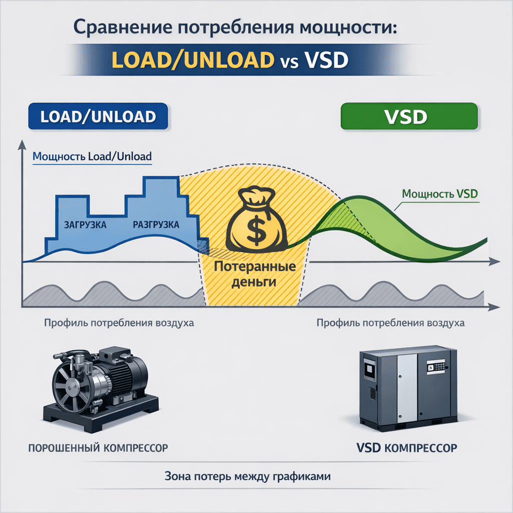 Разница между потреблением энергии обычного компрессора и VSD при одинаковой нагрузке — заштрихованная зона показывает потери