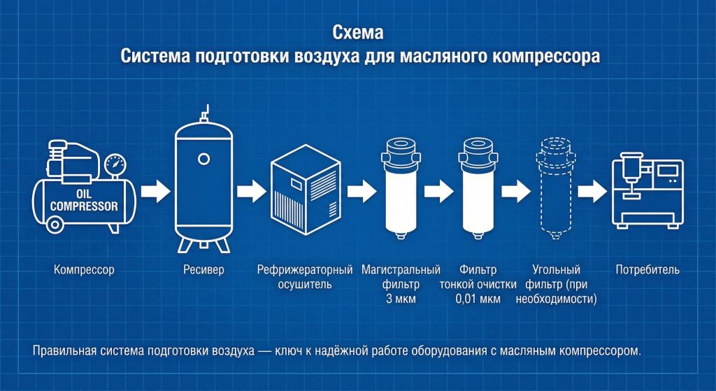 Правильная система подготовки воздуха — ключ к надёжной работе оборудования с масляным компрессором Правильная система подготовки воздуха — ключ к надёжной работе оборудования с масляным компрессором