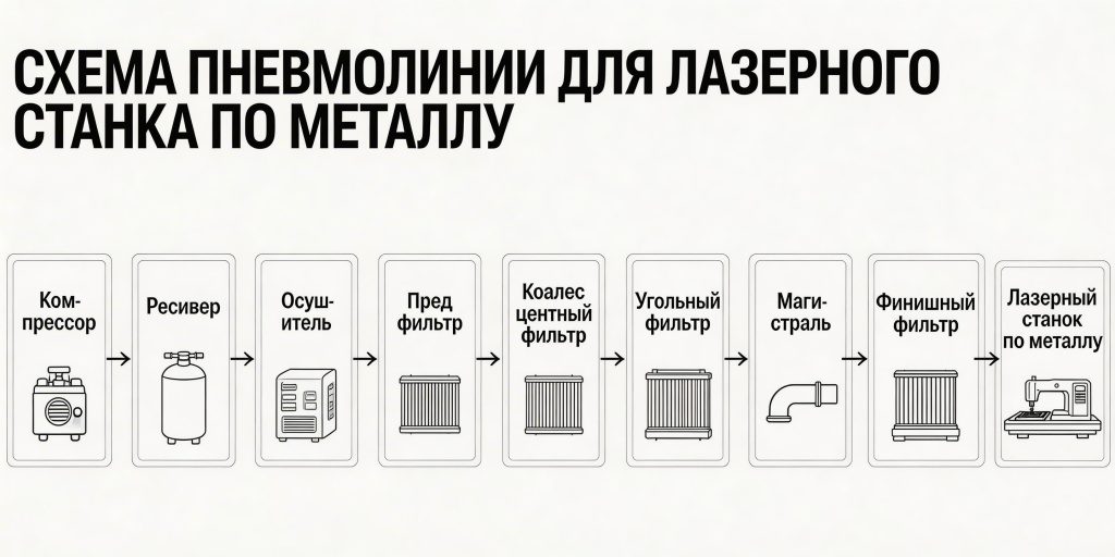 Полная схема правильной пневмолинии для лазерного станка по металлу Полная схема правильной пневмолинии для лазерного станка по металлу
