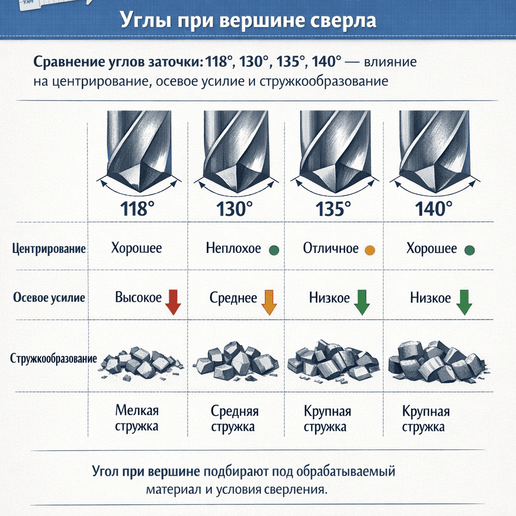 Угол при вершине подбирают под обрабатываемый материал и условия сверления Угол при вершине подбирают под обрабатываемый материал и условия сверления