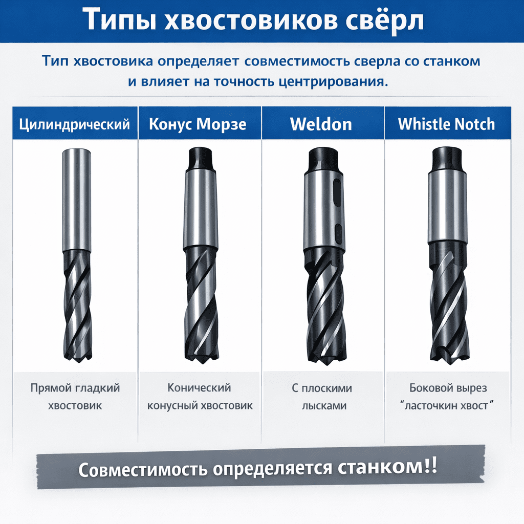 Тип хвостовика определяет совместимость сверла со станком и влияет на точность центрирования Тип хвостовика определяет совместимость сверла со станком и влияет на точность центрирования