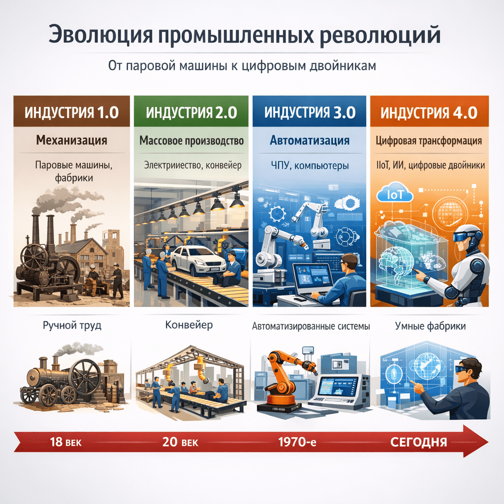 Каждая промышленная революция меняла не просто технологию — она меняла принцип организации производства Каждая промышленная революция меняла не просто технологию — она меняла принцип организации производства