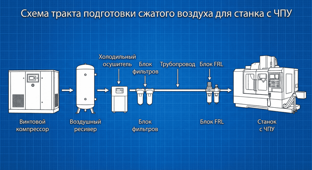 Схема тракта подготовки сжатого воздуха для станка с ЧПУ