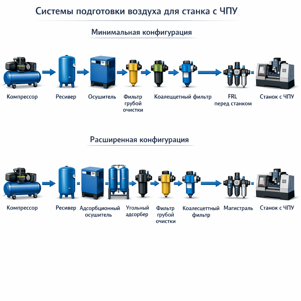 Схема минимальной и расширенной систем подготовки воздуха для станка с ЧПУ Схема минимальной и расширенной систем подготовки воздуха для станка с ЧПУ
