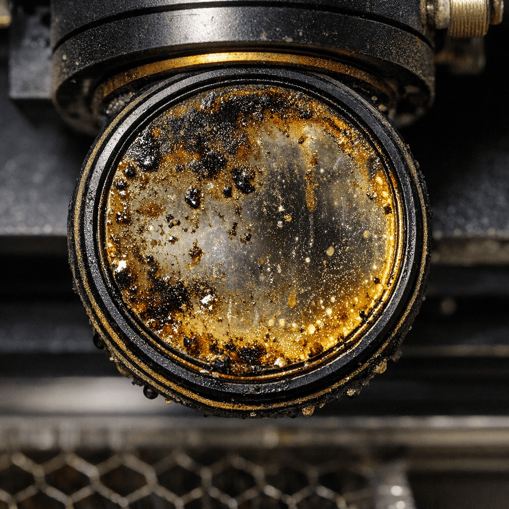 Защитное стекло с масляным нагаром — типичный результат экономии на системе подготовки воздуха Защитное стекло с масляным нагаром — типичный результат экономии на системе подготовки воздуха