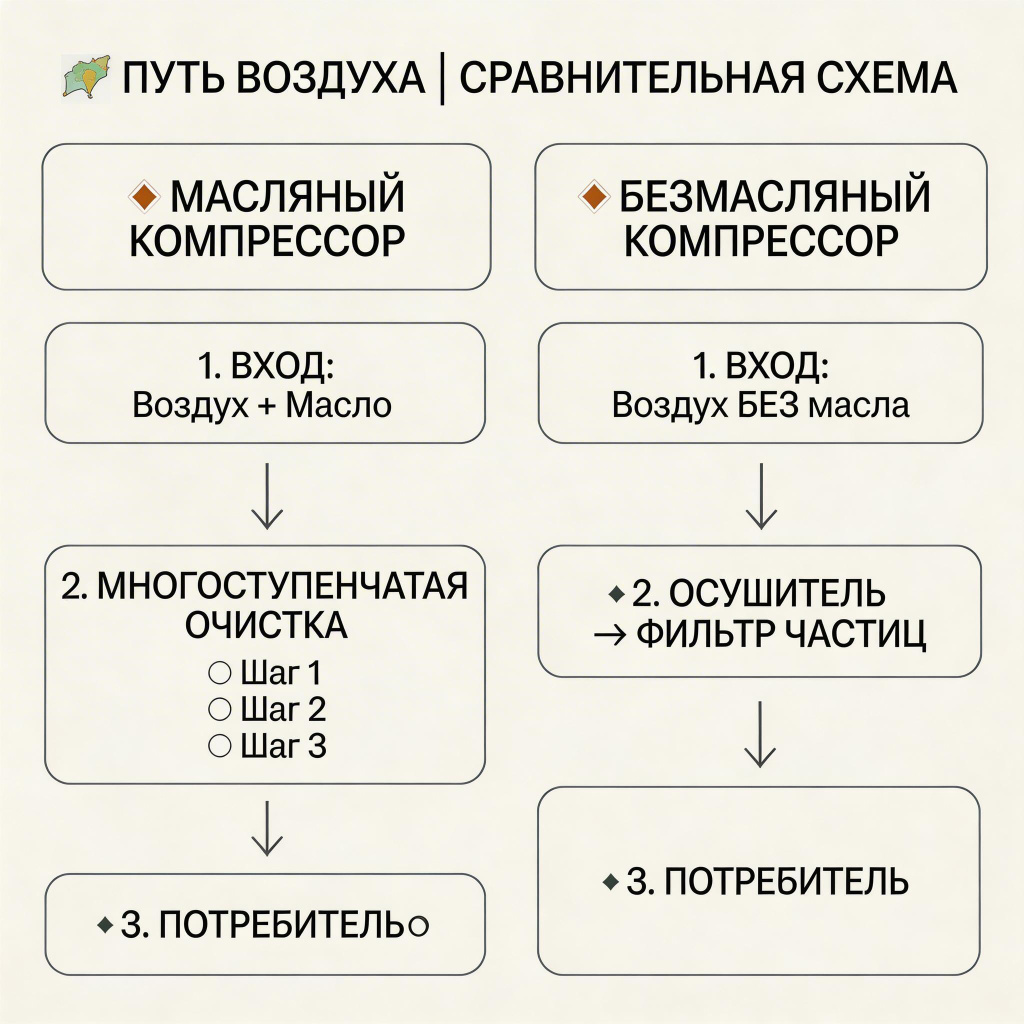 Масляный компрессор требует многоступенчатой подготовки воздуха, безмасляному достаточно осушителя и фильтра частиц Масляный компрессор требует многоступенчатой подготовки воздуха, безмасляному достаточно осушителя и фильтра частиц