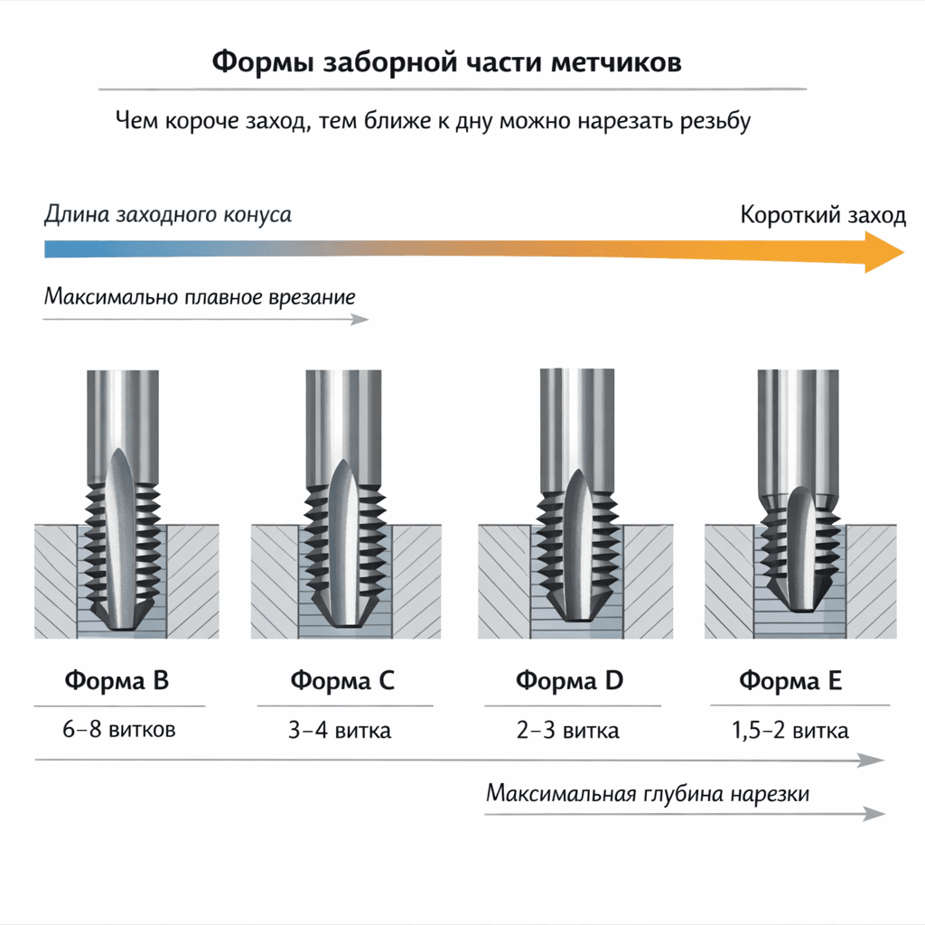 Форма заборной части метчиков чем короче заход, тем ближе ко дну можно нарезать резьбу