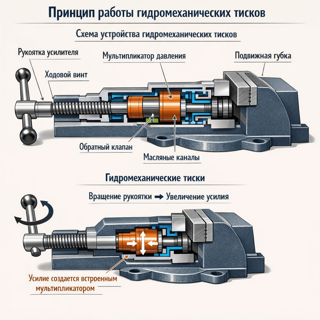 Гидромеханические тиски усилие создаётся встроенным мультипликатором при повороте рукоятки