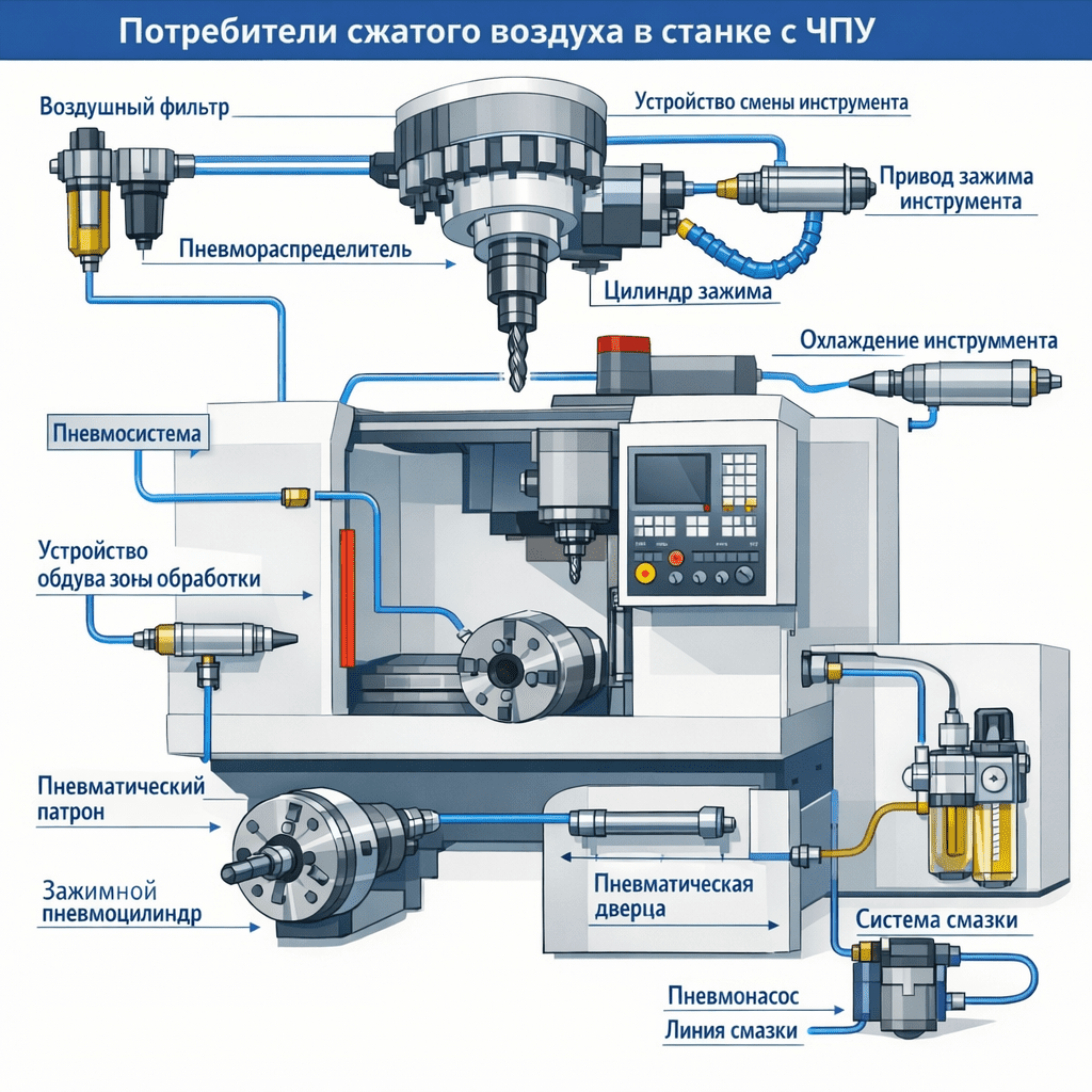 Потребители сжатого воздуха в станке с ЧПУ — схема с указанием всех узлов тест должен быть разборчив