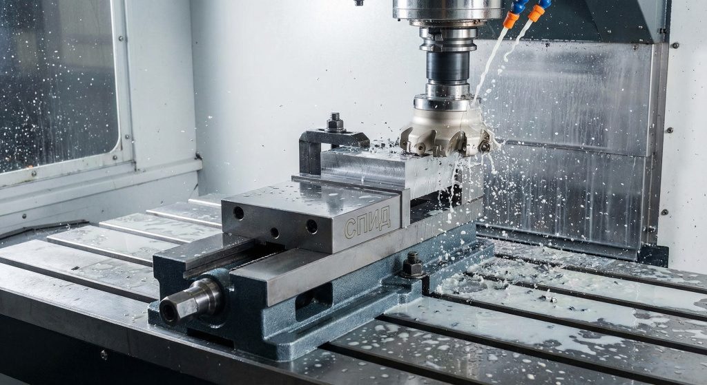 Тиски на фрезерном станке в работе