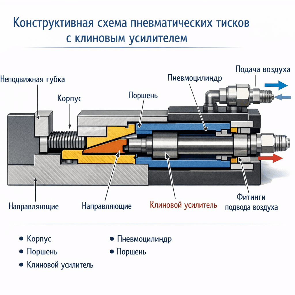 Основные элементы конструкции пневматических тисков с клиновым усилителем
