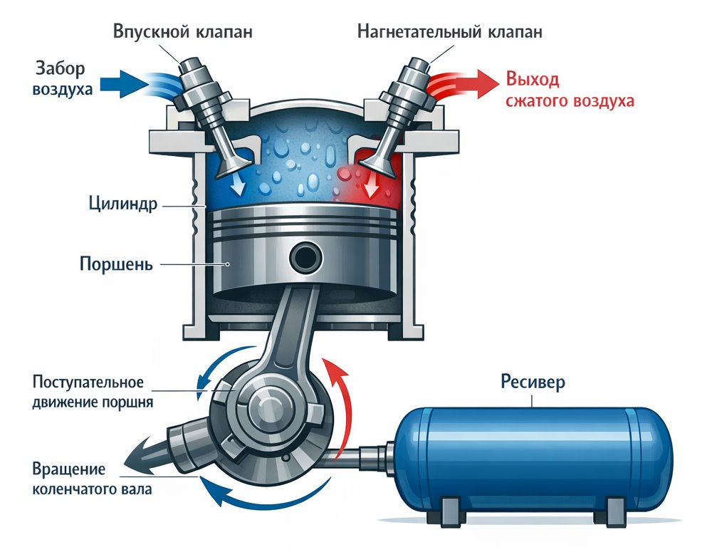 Принцип работы поршневого компрессора