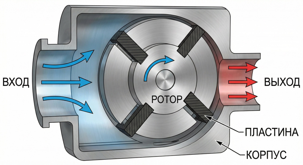 Схема работы: эксцентричный ротор с подвижными пластинами в цилиндрическом корпусе