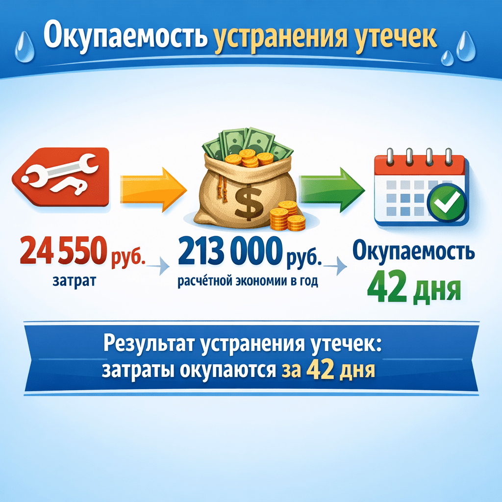 Результат устранения утечек затраты окупаются за 42 дня
