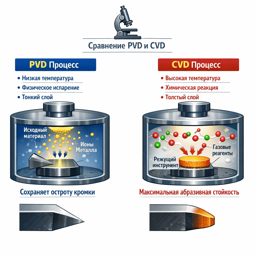 PVD сохраняет остроту кромки, CVD даёт максимальную абразивную стойкость PVD сохраняет остроту кромки, CVD даёт максимальную абразивную стойкость