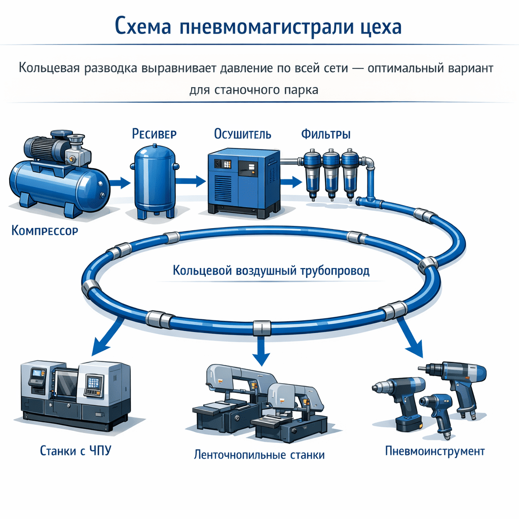 Кольцевая разводка выравнивает давление по всей сети — оптимальный вариант для станочного парка
