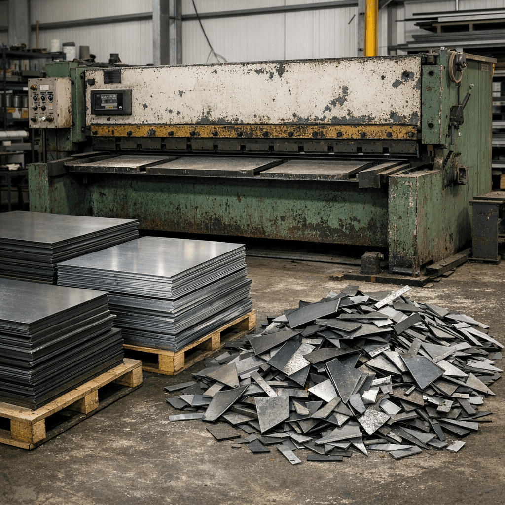 Контейнер с обрезками металла рядом с гильотиной