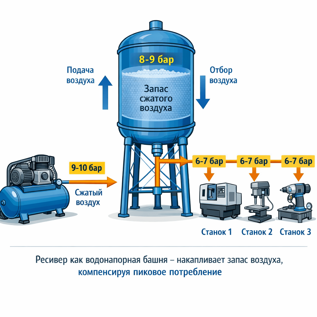 Принцип работы ресивера аналогичен водонапорной башне накопленный запас компенсирует пиковый расход Принцип работы ресивера аналогичен водонапорной башне накопленный запас компенсирует пиковый расход