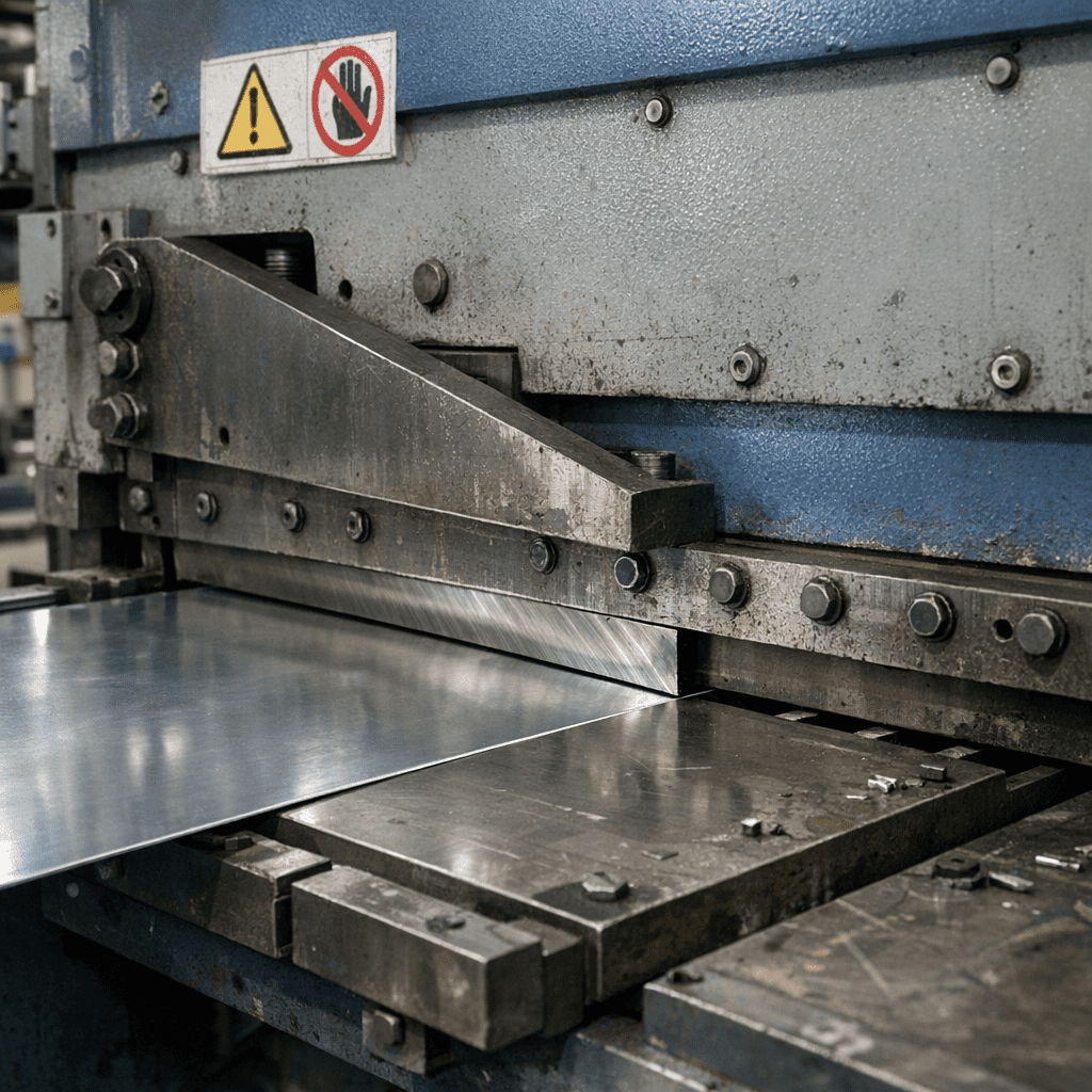 Промышленная гильотина выполняет прямолинейный раскрой листового металла — верхний нож движется вниз