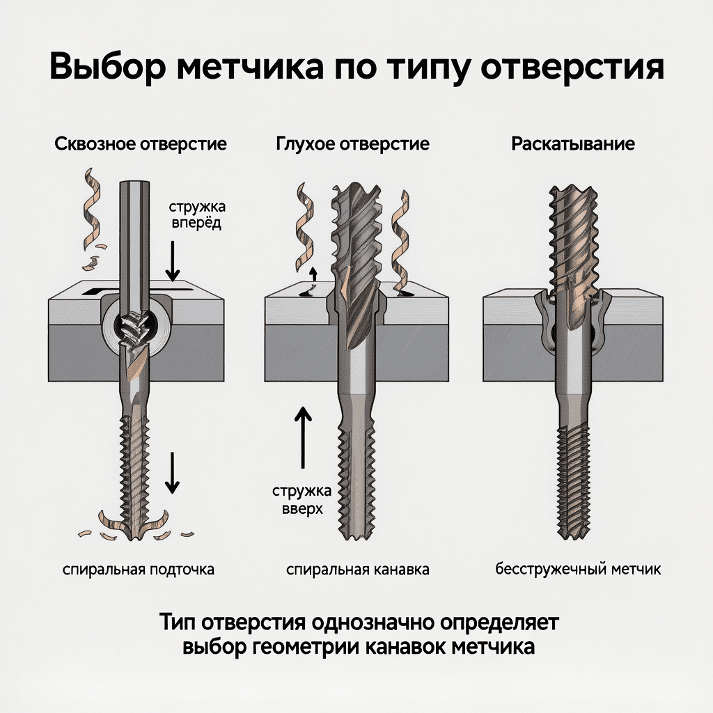 Тип отверстия однозначно определяет выбор геометрии канавок метчика