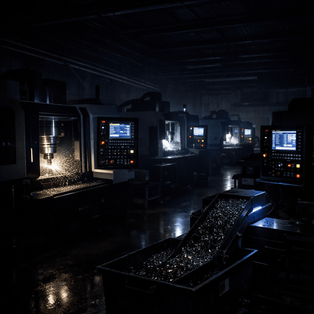 Lights-out manufacturing — станки работают без оператора, свет в цехе выключен.png Lights-out manufacturing — станки работают без оператора, свет в цехе выключен.png