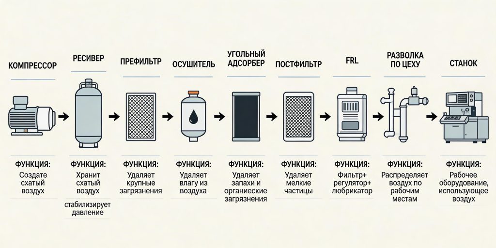 Схема типовой пневмосистемы — каждый элемент выполняет свою функцию в каскаде очистки