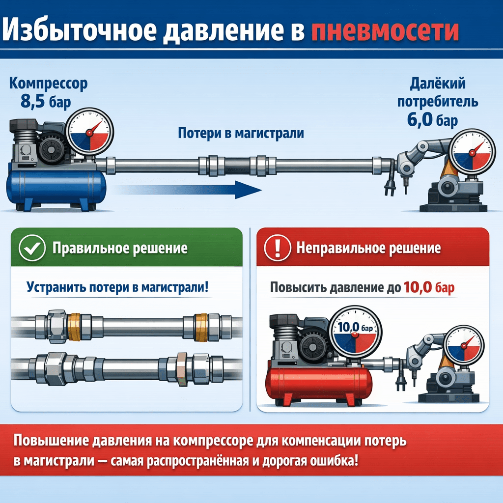 Повышение давления на компрессоре для компенсации потерь в магистрали — самая распространённая и дорогая ошибка