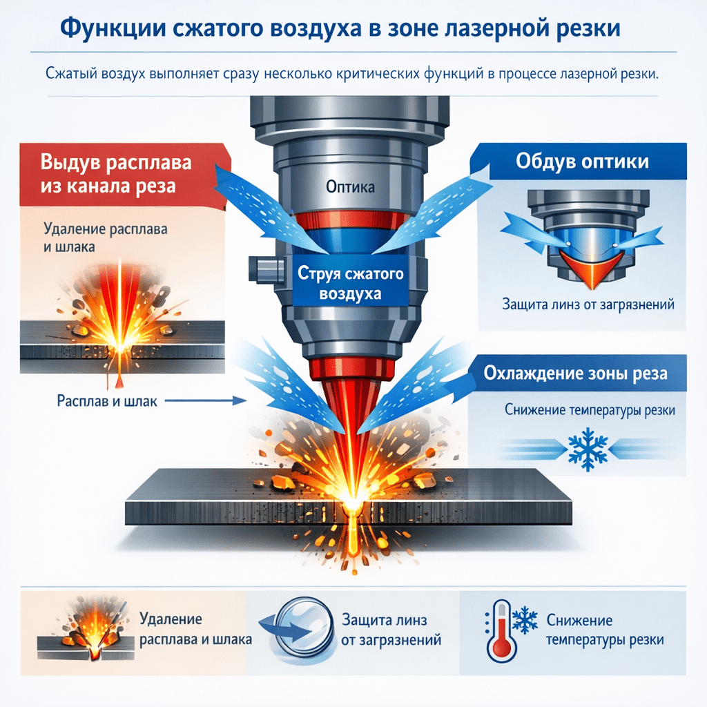Сжатый воздух выполняет сразу несколько критических функций в процессе лазерной резки Сжатый воздух выполняет сразу несколько критических функций в процессе лазерной резки