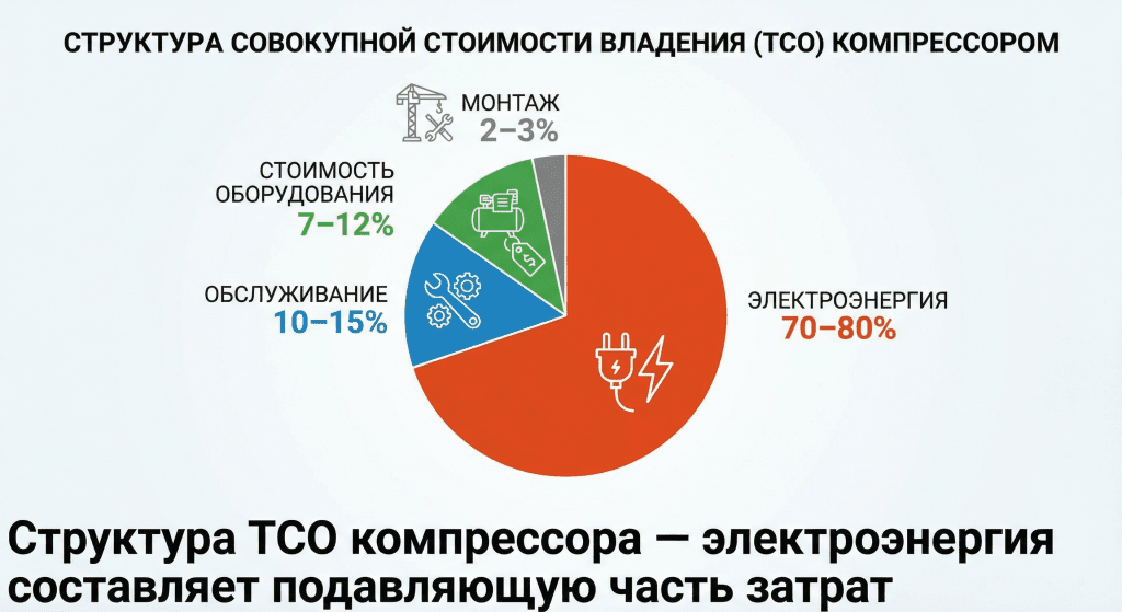 Структура TCO компрессора — электроэнергия составляет подавляющую часть затрат