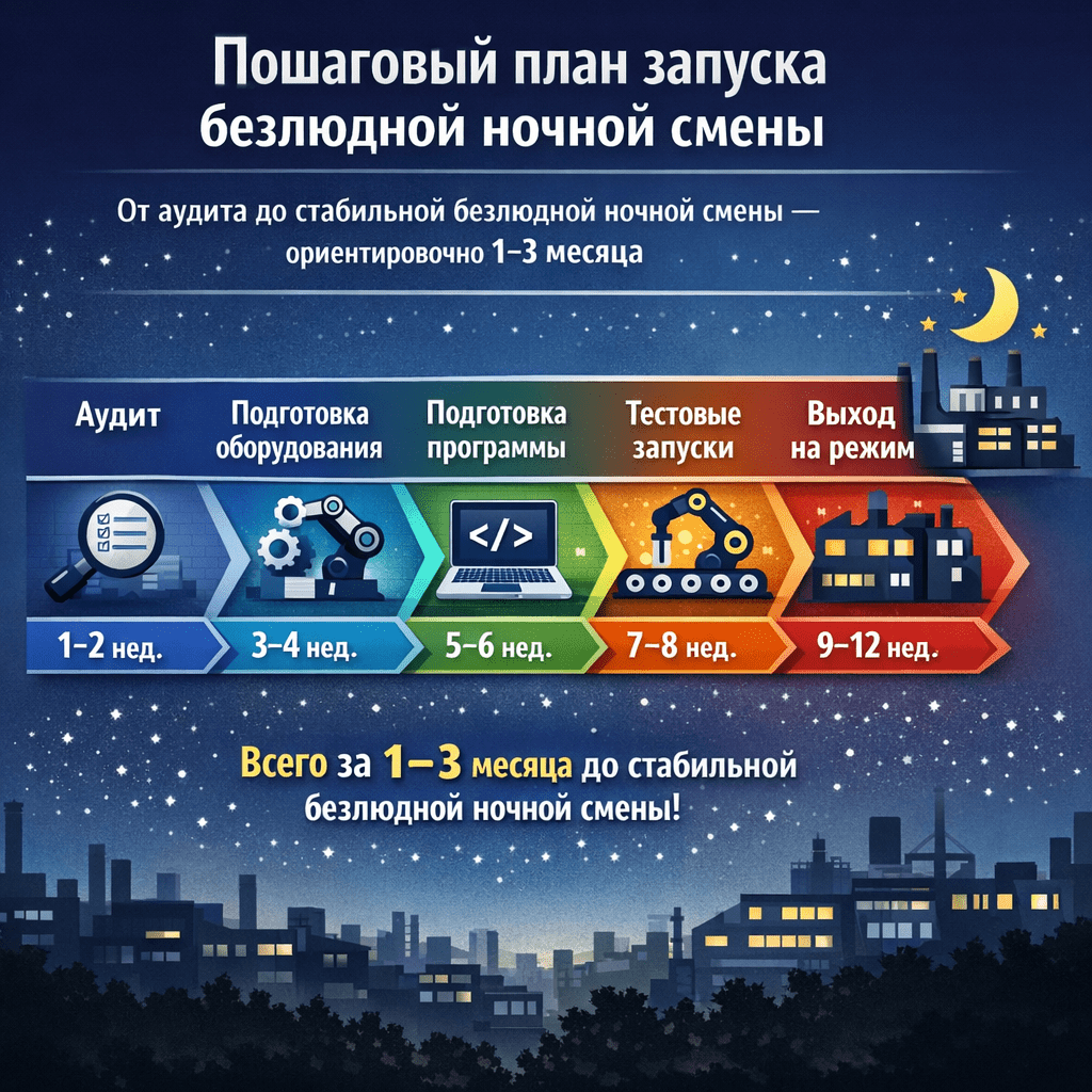 От аудита до стабильной безлюдной ночной смены — ориентировочно 1–3 месяца От аудита до стабильной безлюдной ночной смены — ориентировочно 1–3 месяца