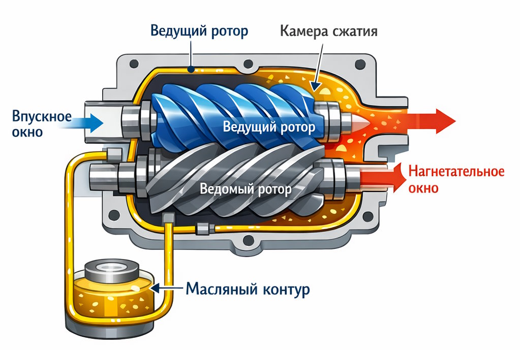 Принцип работы винтового компрессора