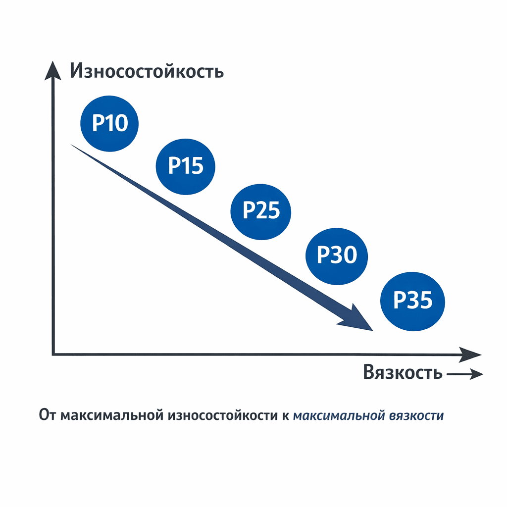 Ось «износостойкость ↔ вязкость»