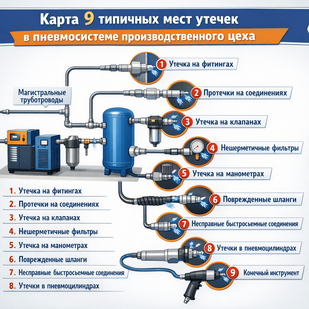 Карта 9 типичных мест утечек в пневмосистеме производственного цеха