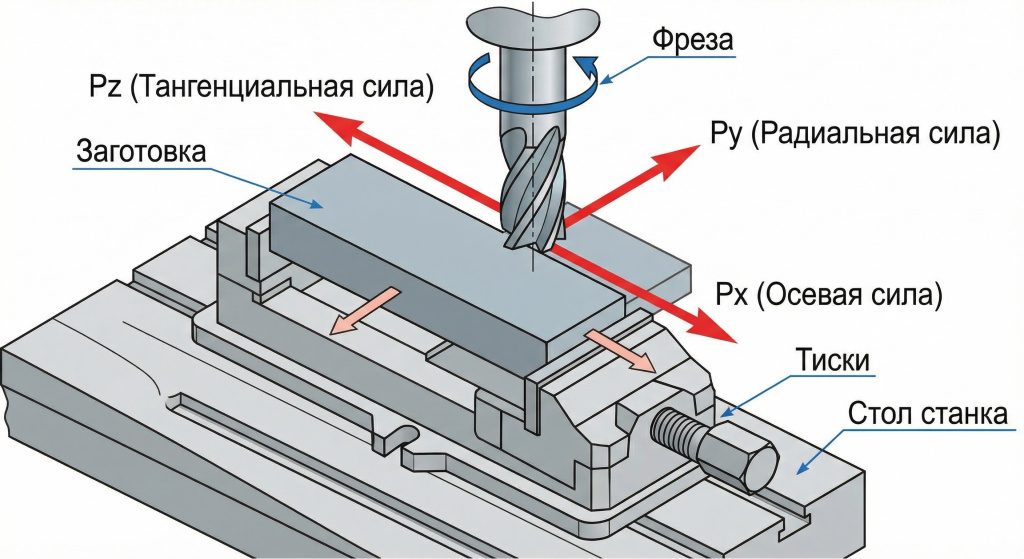 Составляющие силы резания при фрезеровании