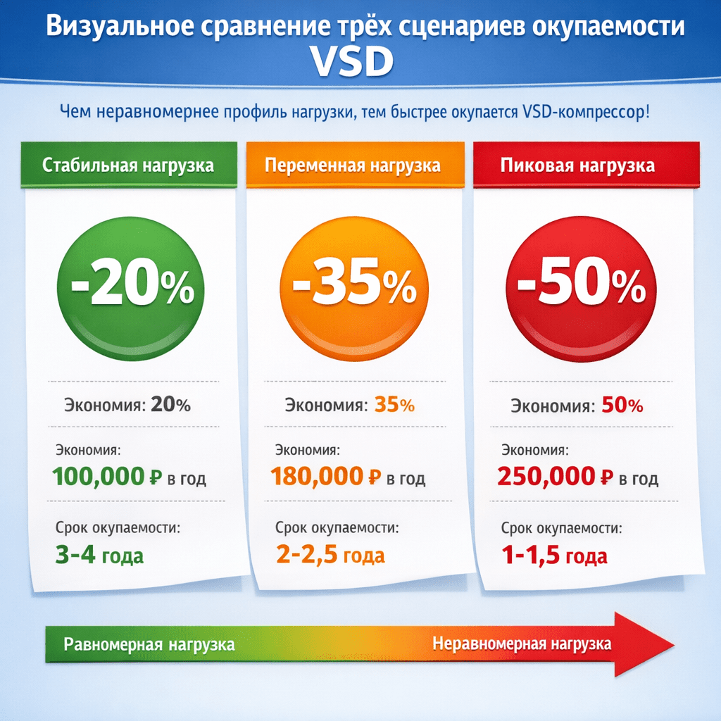 Чем неравномернее профиль нагрузки, тем быстрее окупается VSD-компрессор