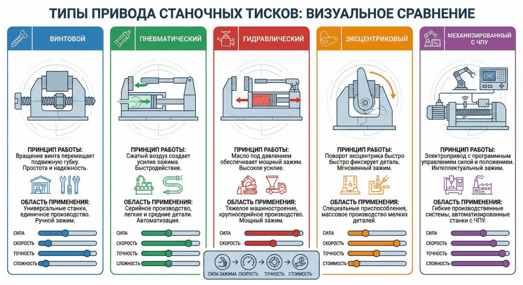 Сравнение пяти типов привода станочных тисков