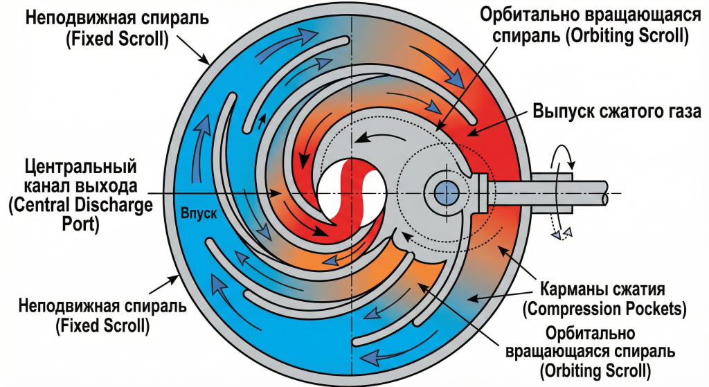 Принцип работы спирального компрессора