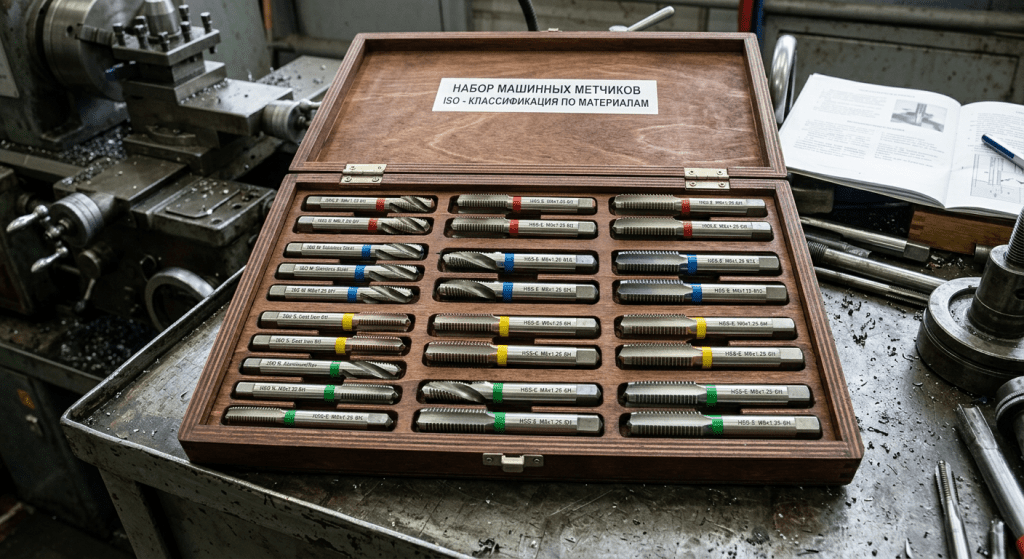 Машинные метчики различных типов с цветовой маркировкой для разных групп обрабатываемых материалов