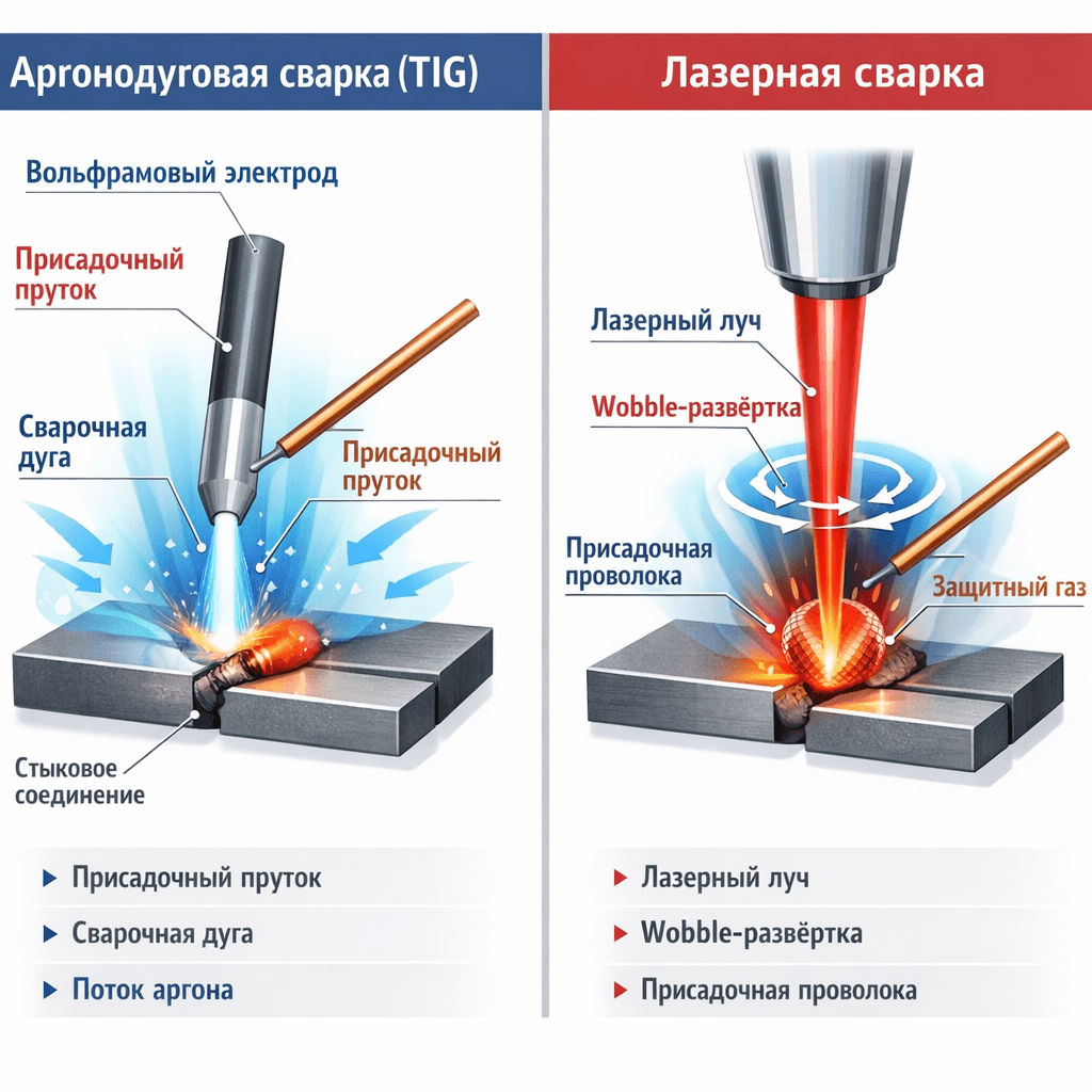 Принципиальные схемы аргонодуговой (TIG) и ручной лазерной сварки