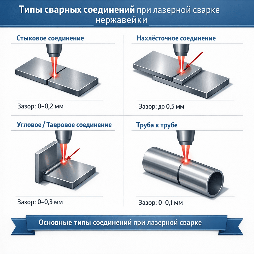 Основные типы соединений при лазерной сварке и направление луча для каждого