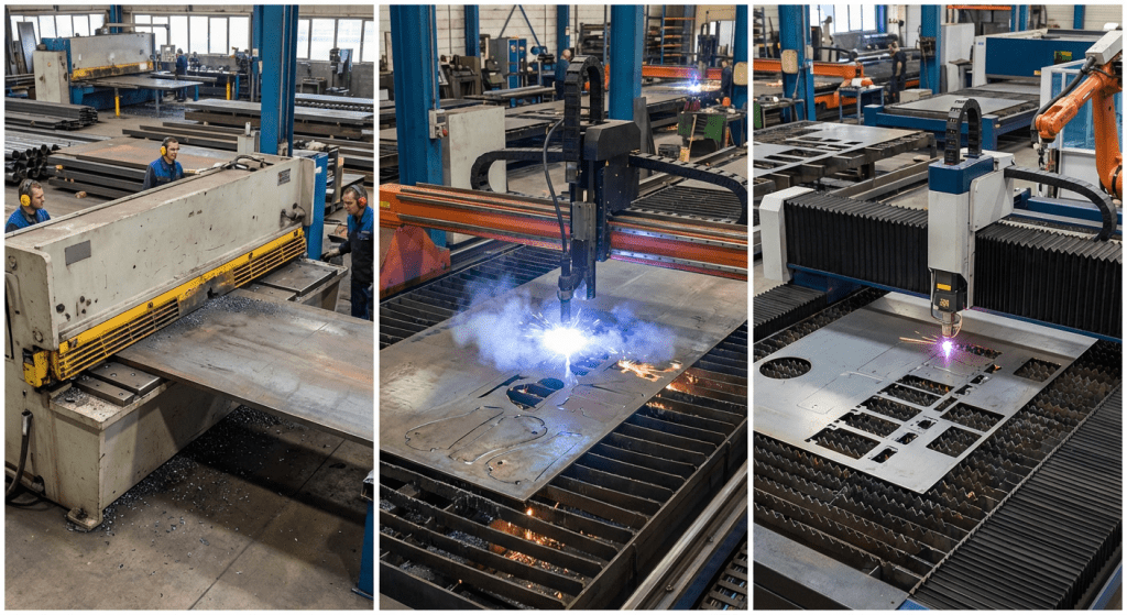 Сравнительный коллаж: гильотинные ножницы, плазменный портал и лазерный комплекс на производстве Сравнительный коллаж: гильотинные ножницы, плазменный портал и лазерный комплекс на производстве