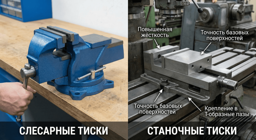 Станочные тиски (справа) отличаются повышенной жёсткостью, точностью базовых поверхностей и системой крепления в Т-образные пазы